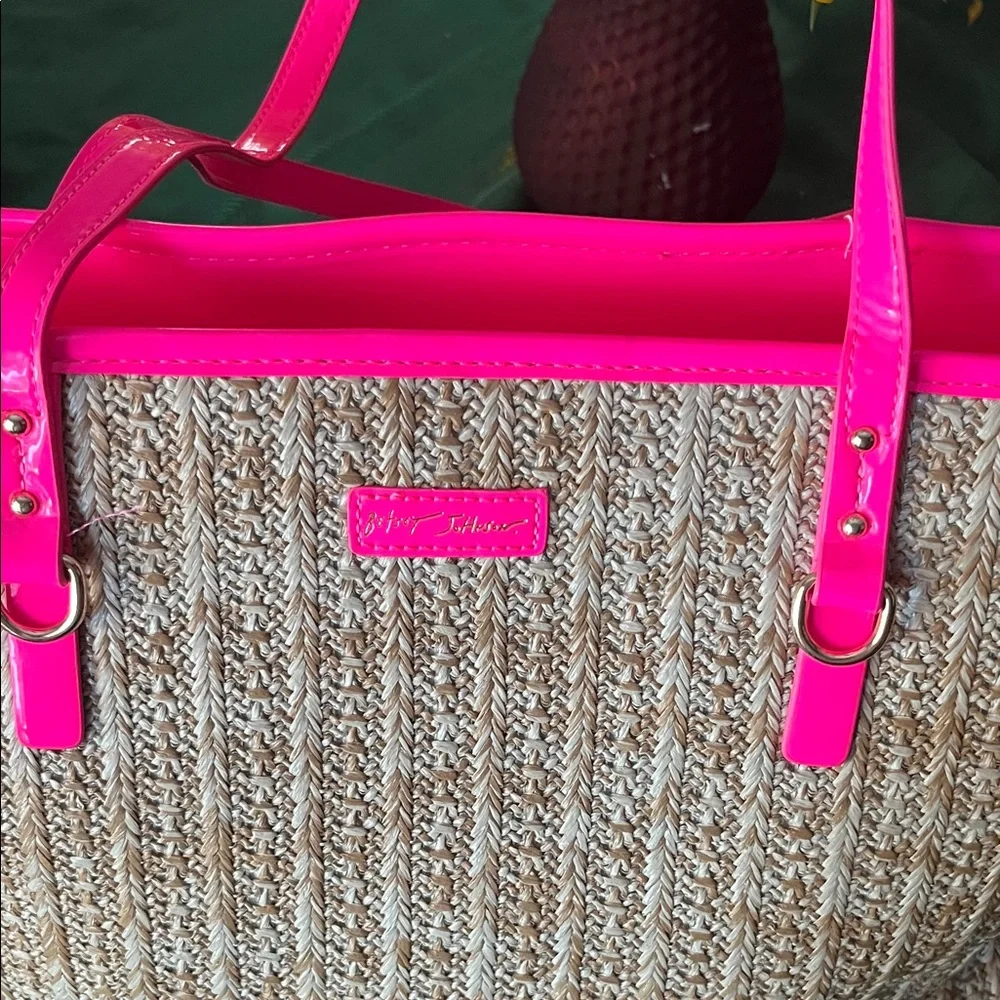 Betsey Johnson Stylish Pink Patent Leather and Tan Woven Women's Tote Bag - Picture 4 of 5